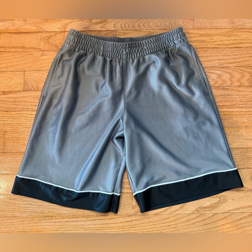 Boys Gray Athletic Shorts with Black Trim and pockets